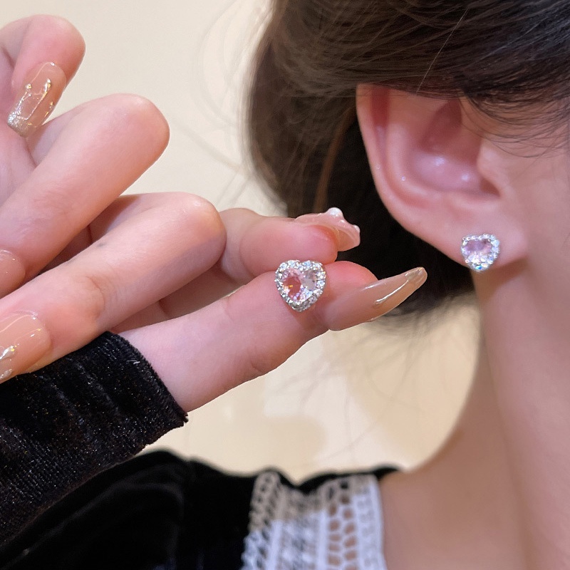Bông Tai Mạ Bạc 925 Hình Trái Tim Đính Đá Zircon Hồng Sang Trọng