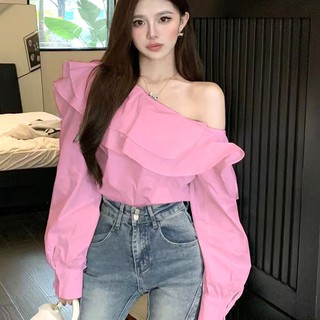 Áo Sơ Mi Tay Dài Trễ Vai Nhún Bèo Màu Trơn Phong Cách Pháp Thời Trang Mới 2023 Cho Nữ
