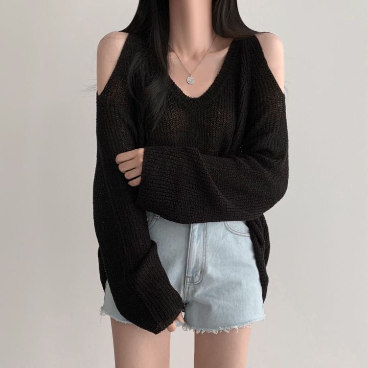 Áo dệt kim SUXI chống nắng dáng rộng cổ chữ V hở vai phong cách Hàn Quốc cho nữ