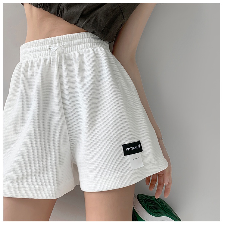 Quần short thể thao Waffle dành cho nữ cạp cao Drawcord Quần ngắn ống rộng thông thường