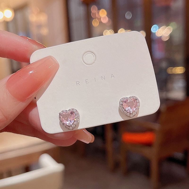 Bông Tai Mạ Bạc 925 Hình Trái Tim Đính Đá Zircon Hồng Sang Trọng