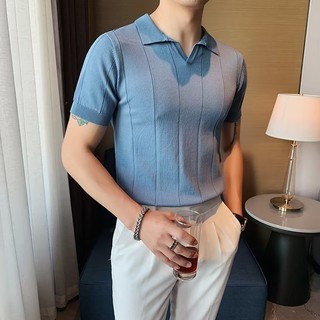 Hàn Quốc Nhẹ Phong Cách Trưởng Thành Ice Silk Áo Sơ Mi POLO Tay Ngắn Slim-fit Chất Lượng Cao Ve Áo Top Cổ Chữ V Dệt Kim Áo Sơ Mi POLO Ice Silk Dệt Kim Tay Ngắn T