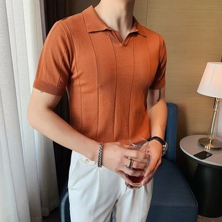 Hàn Quốc Nhẹ Phong Cách Trưởng Thành Ice Silk Áo Sơ Mi POLO Tay Ngắn Slim-fit Chất Lượng Cao Ve Áo Top Cổ Chữ V Dệt Kim Áo Sơ Mi POLO Ice Silk Dệt Kim Tay Ngắn T