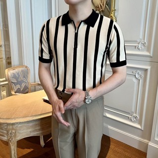 Hàn Quốc Dệt Kim Băng Lụa Nửa Dây Kéo Ve Áo Sọc Áo Thun Tay Ngắn Nam Ve Áo Sơ Mi polo Tay Ngắn Cao @ -