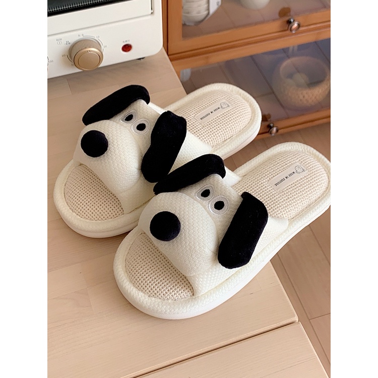 Dép Vải Lanh Vui Vẻ ins Dễ Thương Chó Con Dép Đi Trong Nhà Dép Vải Lanh Cotton Dép Hộ Gia Đình Dép Bốn Mùa Đa Năng Cặp Đôi S