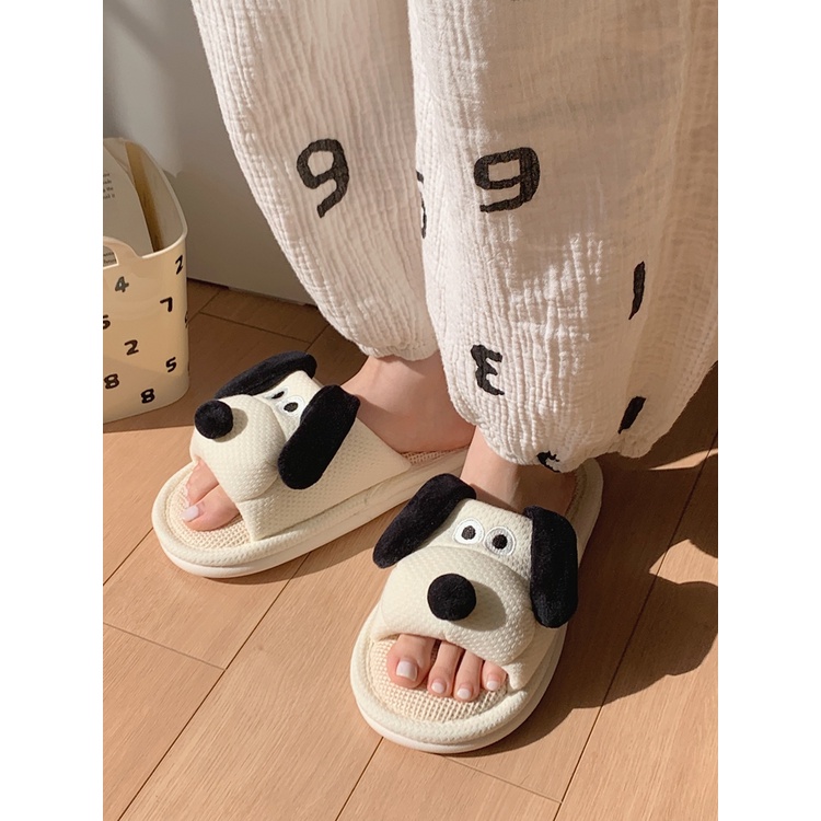 Dép Vải Lanh Vui Vẻ ins Dễ Thương Chó Con Dép Đi Trong Nhà Dép Vải Lanh Cotton Dép Hộ Gia Đình Dép Bốn Mùa Đa Năng Cặp Đôi S