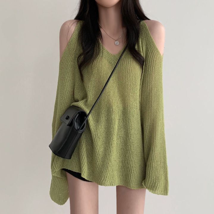 Áo dệt kim SUXI chống nắng dáng rộng cổ chữ V hở vai phong cách Hàn Quốc cho nữ