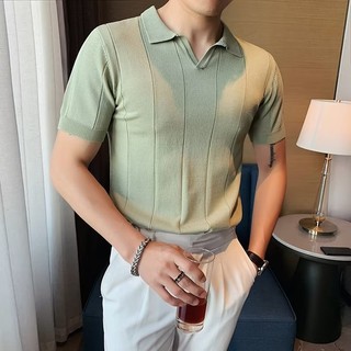 Hàn Quốc Nhẹ Phong Cách Trưởng Thành Ice Silk Áo Sơ Mi POLO Tay Ngắn Slim-fit Chất Lượng Cao Ve Áo Top Cổ Chữ V Dệt Kim Áo Sơ Mi POLO Ice Silk Dệt Kim Tay Ngắn T