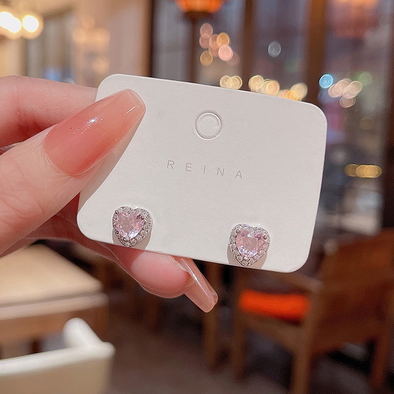 Bông Tai Mạ Bạc 925 Hình Trái Tim Đính Đá Zircon Hồng Sang Trọng