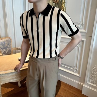 Hàn Quốc Dệt Kim Băng Lụa Nửa Dây Kéo Ve Áo Sọc Áo Thun Tay Ngắn Nam Ve Áo Sơ Mi polo Tay Ngắn Cao @ -