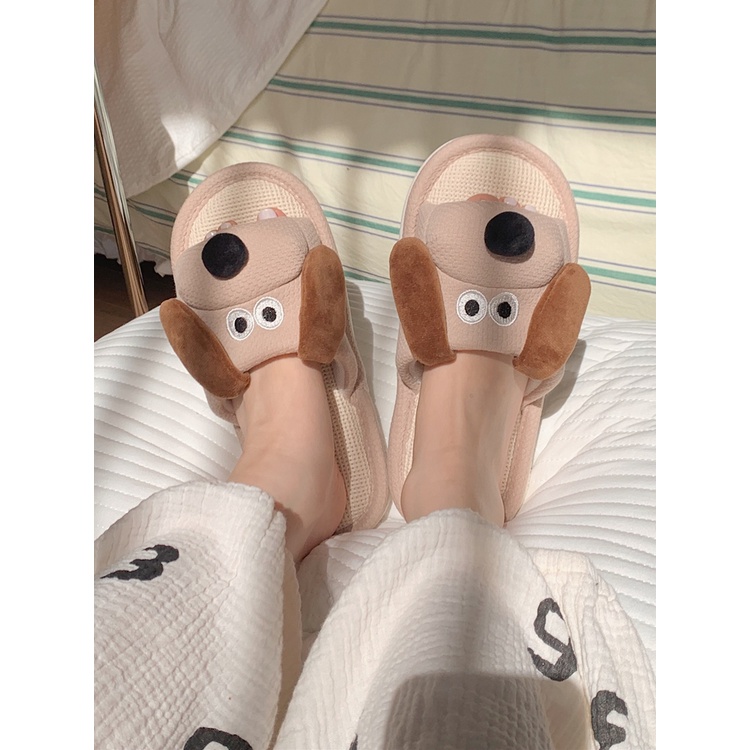 Dép Vải Lanh Vui Vẻ ins Dễ Thương Chó Con Dép Đi Trong Nhà Dép Vải Lanh Cotton Dép Hộ Gia Đình Dép Bốn Mùa Đa Năng Cặp Đôi S