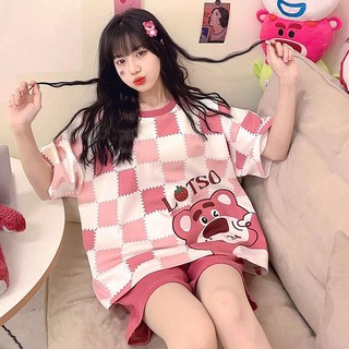 Bộ Đồ Ngủ Tay Ngắn Dáng Rộng In Họa Tiết Gấu Và Dâu Tây Cỡ Lớn Thời Trang Mùa Hè 2023 Mới