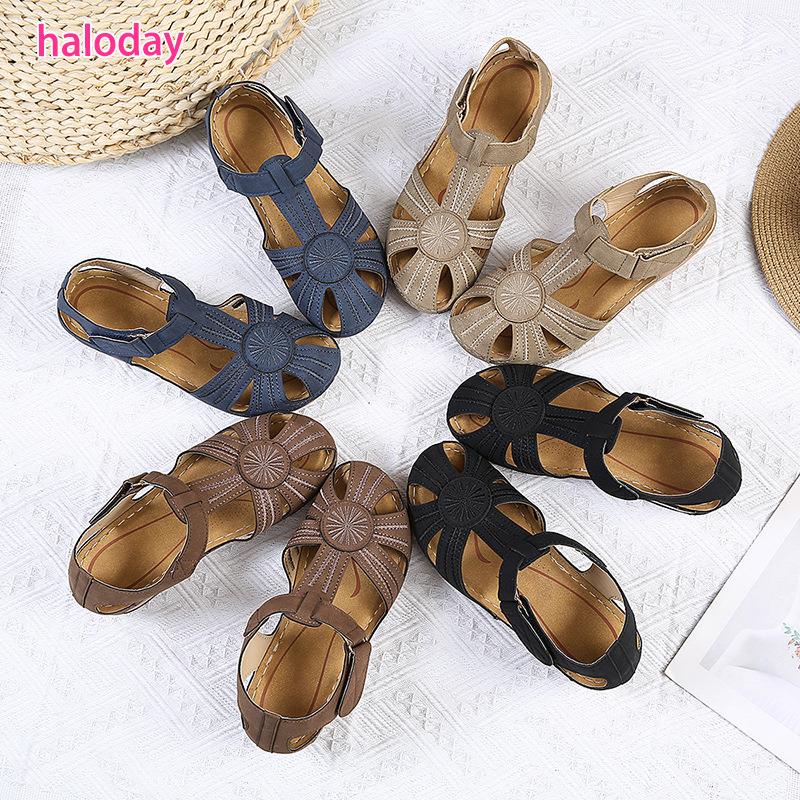 Giày Nữ Size Lớn 36-46✨Mùa Hè Retro Nữ Dây Xe Hơi Chống Trơn Trượt Nhẹ Kích Thước Lớn Mũi Tròn Nêm Dép Thoải Mái