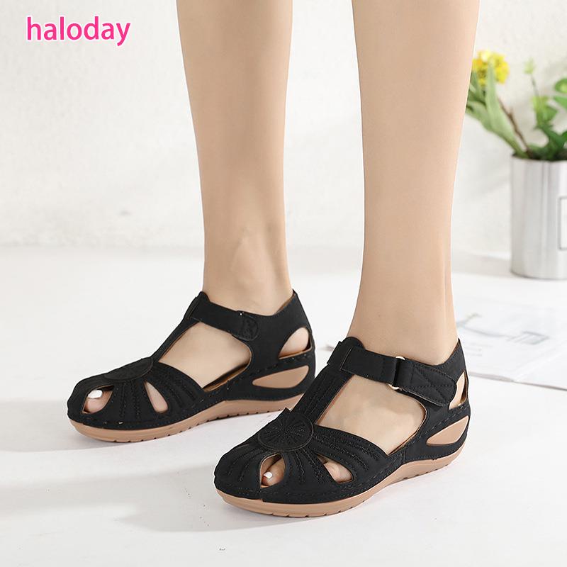 Giày Nữ Size Lớn 36-46✨Mùa Hè Retro Nữ Dây Xe Hơi Chống Trơn Trượt Nhẹ Kích Thước Lớn Mũi Tròn Nêm Dép Thoải Mái