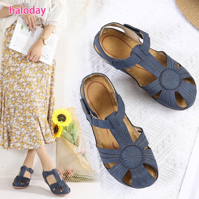 Giày Nữ Size Lớn 36-46✨Mùa Hè Retro Nữ Dây Xe Hơi Chống Trơn Trượt Nhẹ Kích Thước Lớn Mũi Tròn Nêm Dép Thoải Mái