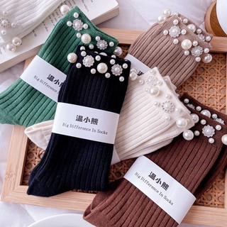 [oklife] Tất Ngọc Trai Tất Giữa Ống Nữ Phù Hợp Với Tất Mùa Thu Đông Tất Cotton Nhấp Nháy Kim Cương Đính Hạt Phong Cách Hợp Thời Trang