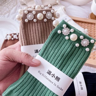 [oklife] Tất Ngọc Trai Tất Giữa Ống Nữ Phù Hợp Với Tất Mùa Thu Đông Tất Cotton Nhấp Nháy Kim Cương Đính Hạt Phong Cách Hợp Thời Trang