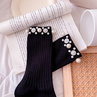 [oklife] Tất Ngọc Trai Tất Giữa Ống Nữ Phù Hợp Với Tất Mùa Thu Đông Tất Cotton Nhấp Nháy Kim Cương Đính Hạt Phong Cách Hợp Thời Trang