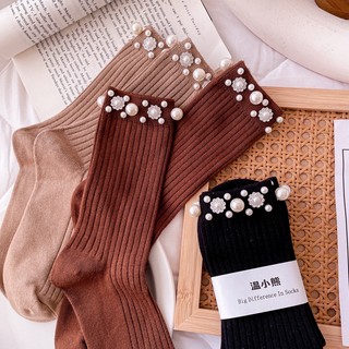 [oklife] Tất Ngọc Trai Tất Giữa Ống Nữ Phù Hợp Với Tất Mùa Thu Đông Tất Cotton Nhấp Nháy Kim Cương Đính Hạt Phong Cách Hợp Thời Trang