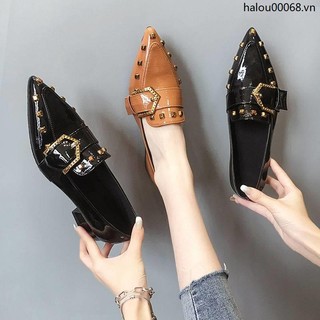 Giày Búp Bê Mũi Nhọn Đế Dày Một Hàng Nút Thời Trang Mùa Xuân 2021