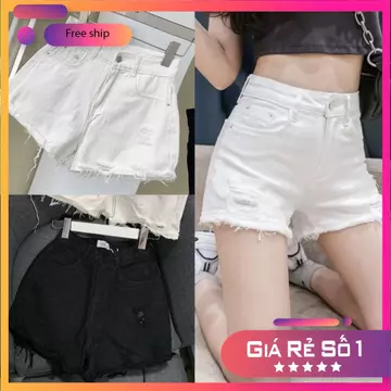 Quần short jean nữ rách ô nhỏ viền tua rua lưng cao trắng đen, Quần sooc bò nữ cạp cao phong cách hàn quốc chất M5