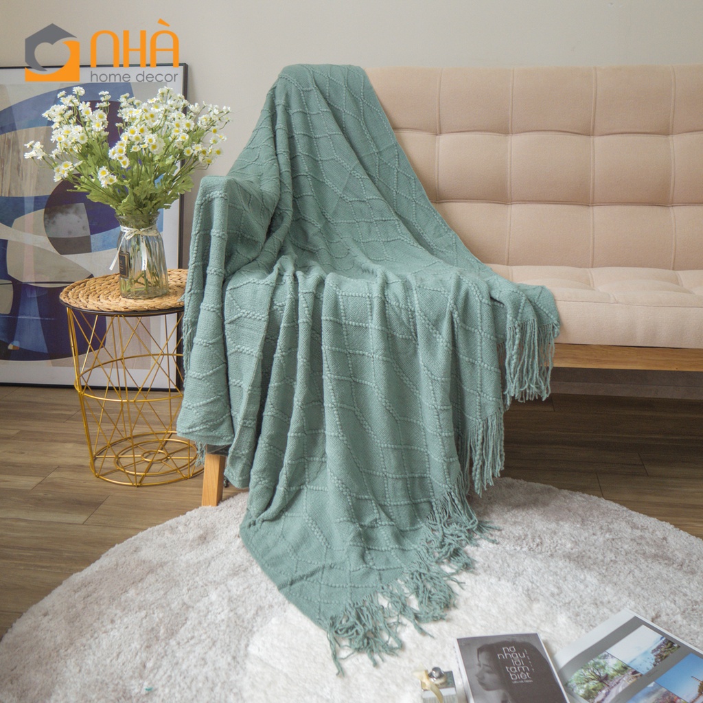 Chăn Thun Đan Len Bắc Âu Chăn Trang Trí Sofa Họa Tiết Hình Thoi Bắc Âu