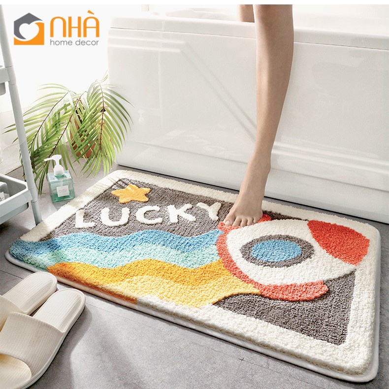 Thảm Lau Chân Cotton Len Thấm Hút Họa Tiết Cầu Vồng Vũ Trụ