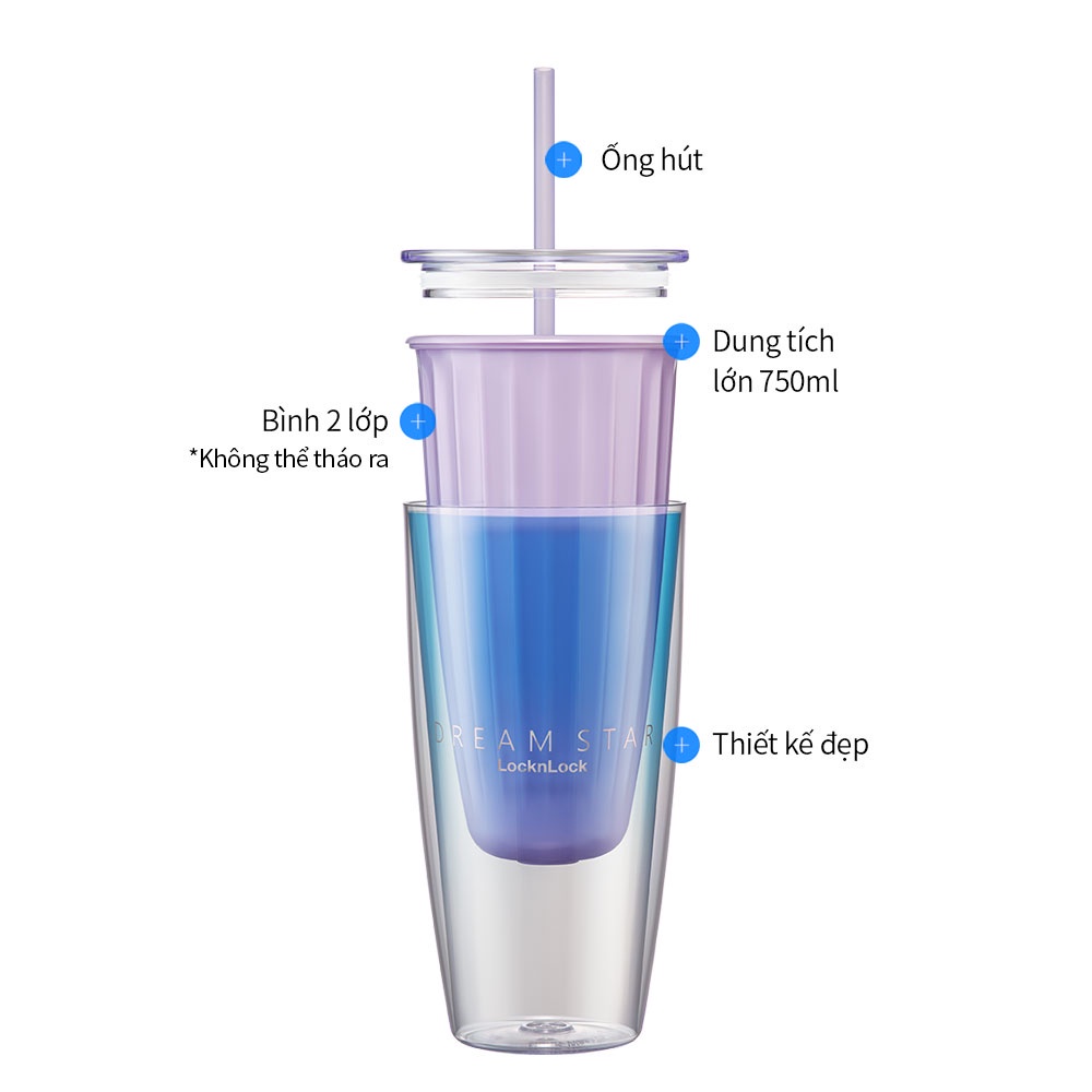 Ly nhựa 2 lớp LocknLock Double Wall Cold Cup 750ml HAP522VOL Màu Tím, Kèm ống hút và cọ rửa - K-MALL