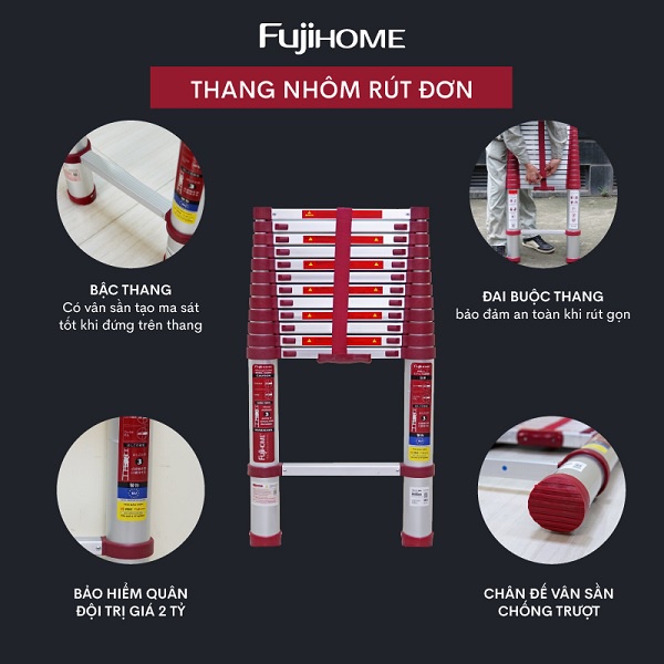 Thang rút nhôm Nhập Khẩu 3,8m - 4,4m - 5m gấp gọn FUJIHOME