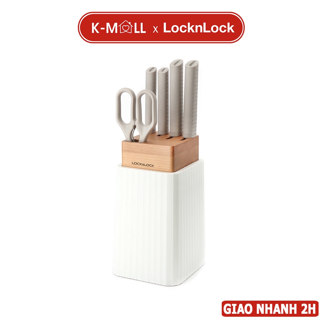 Bộ dao 6 món LocknLock CKK802 bao gồm 4 dao, 1 kéo, 1 hộp đựng màu trắng, tinh tế, tiện lợi - K-MALL