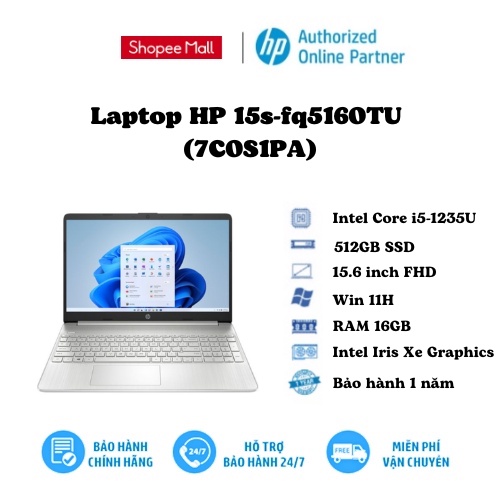 [Mã ELHP12 giảm 12% đơn 10TR] Laptop HP 15s-fq5160TU(7C0S1PA)Natural Silver/I5-1235U (upto 4.4Ghz,12MB)/ RAM 16GB 512GB