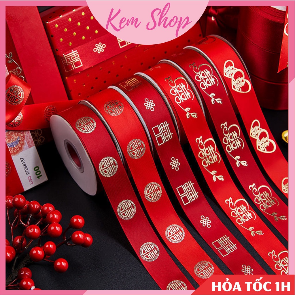 Cuộn ruy băng lụa đỏ, ruy băng song hỷ trang trí đám cưới, quà cưới - Kem Shop K329