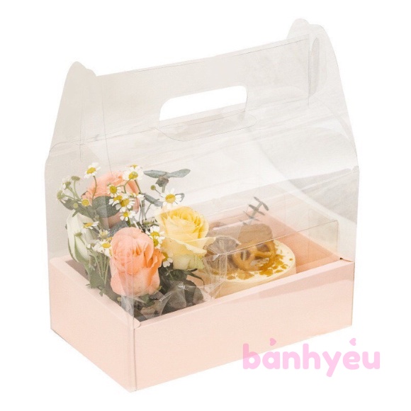Hộp Mica Trong Suốt 2 Ngăn đựng bánh và hoa màu Đỏ/Hồng không nơ - BB136