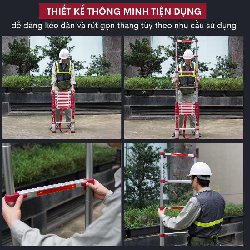 Thang Inox rút đơn 3,8m - 4,4m - 5.4m gấp gọn Nhập Khẩu FUJIHOME, thang rút gọn chữ I chốt tự động telescopic ladder
