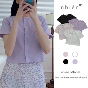 𝐓𝐢𝐩𝐢 𝐓𝐨𝐩 Áo thun gân tay ngắn cổ tròn phối nút basic nhiennhienvintage NAT00001