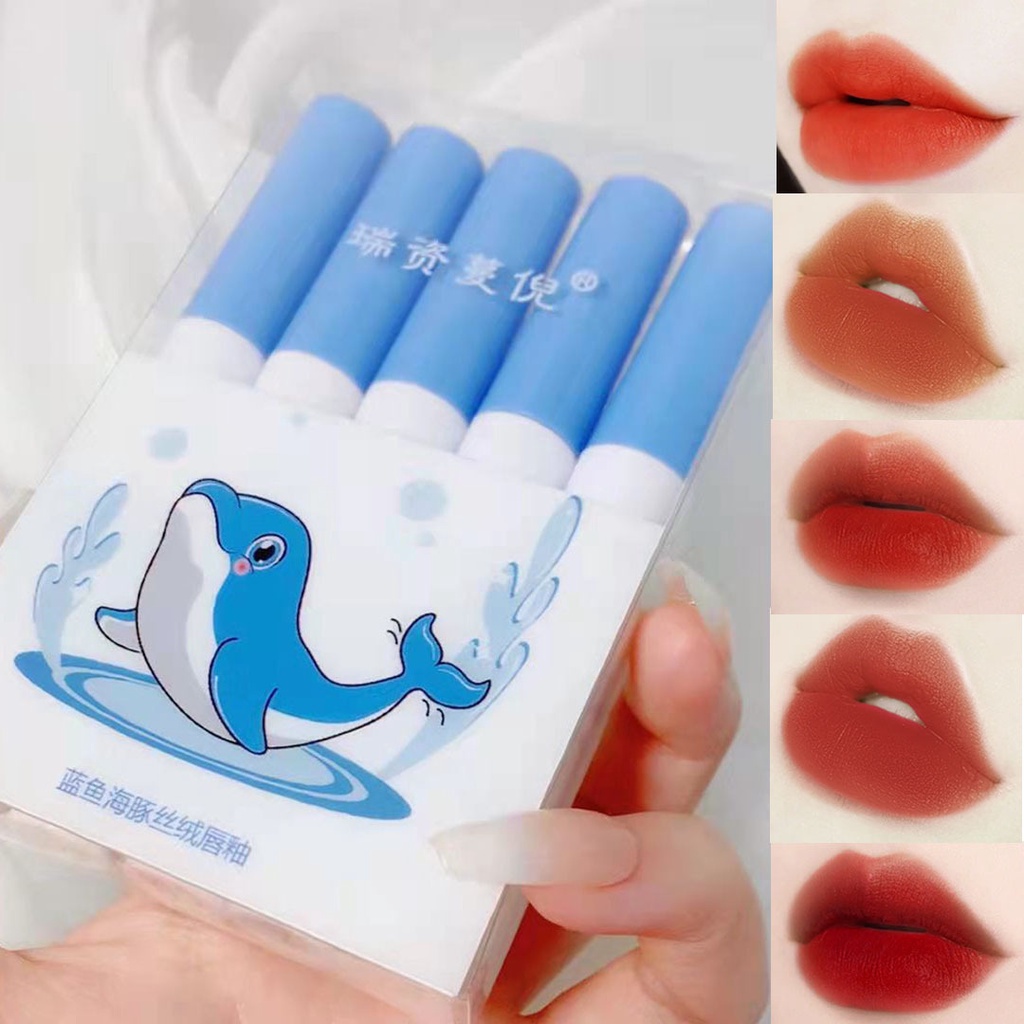 [Hàng mới về] Hộp 5 son kem trang điểm sáng bóng   son bóng cá heo Hàng Nội Địa Trung