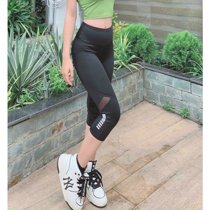 Quần lửng pha lưới màu đen QT02 chất thun lạnh thể thao tập yoga, gym...