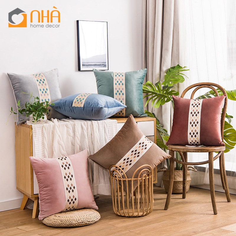 Vỏ Gối Tựa Lưng Gối Sofa Nhung Thêu Giữa Chấm Bi Hình Thoi