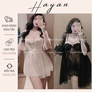 HT422 Set váy ngủ và áo choàng sexy ren xuyên thấu có GỌNG, bộ váy ngủ gơi cảm hở lưng HT422 (197+255)