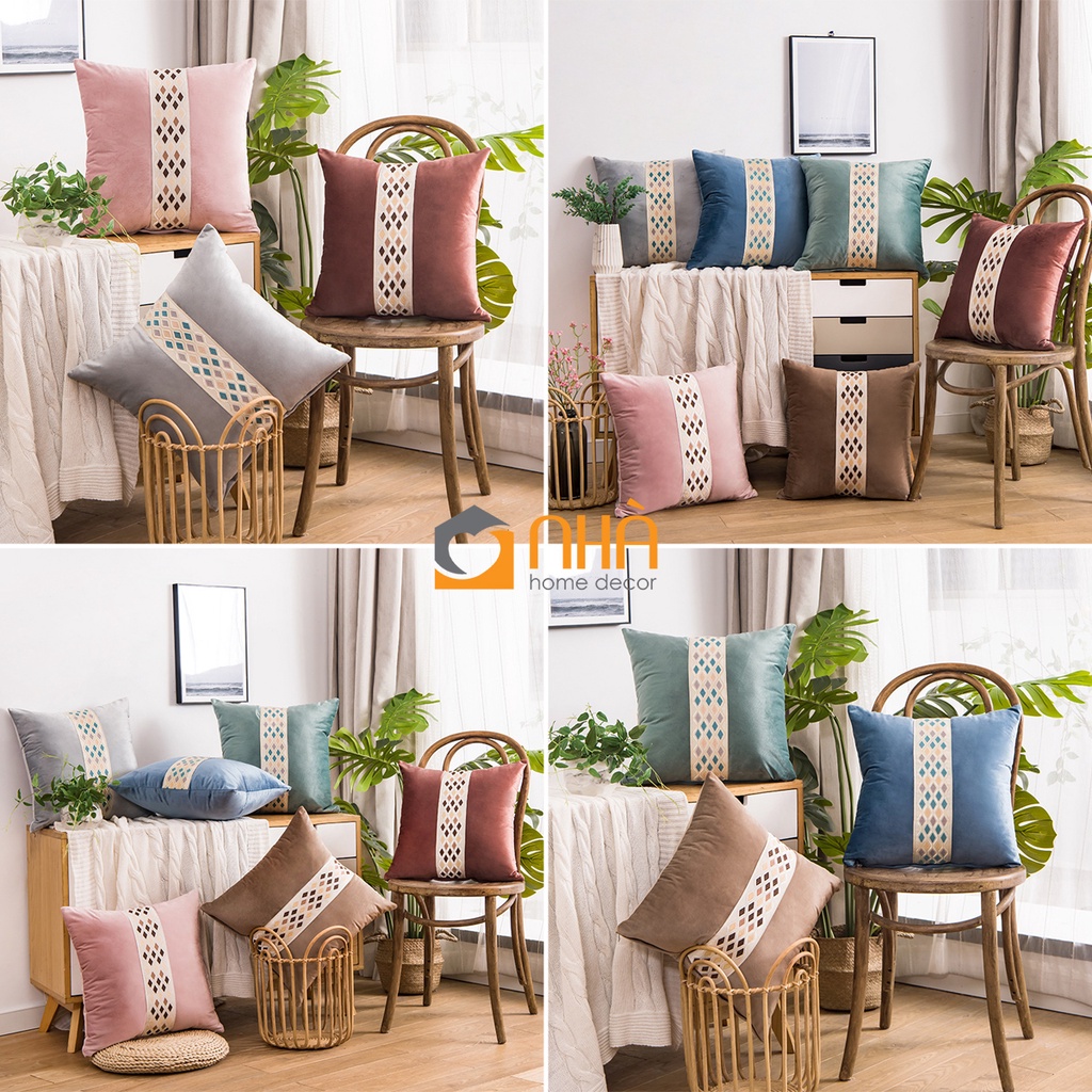 Vỏ Gối Tựa Lưng Gối Sofa Nhung Thêu Giữa Chấm Bi Hình Thoi