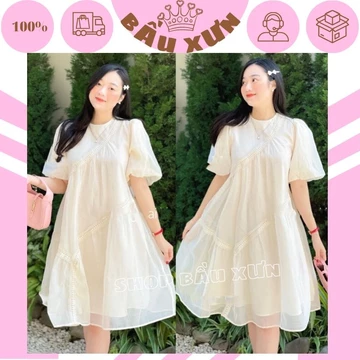 VÁY BẦU DỰ TIỆC SANG CHẢNH CHO MẸ BẦU- ĐẦM BẦU TIỂU THƯ 2 LÓP CHẤT VOAN LỤA CAO CẤP