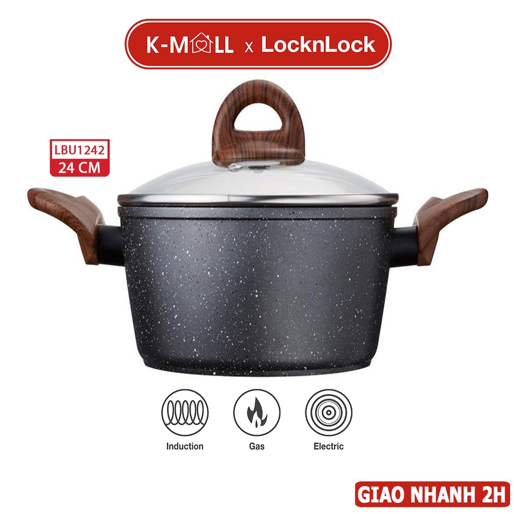 Nồi Nhôm 24cm LocknLock Baum Marble LBU1242 dùng được trên bếp từ nắp thuỷ tinh, chống dính - K-MALL