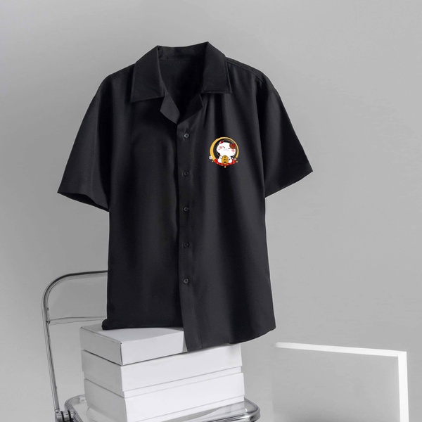 Áo Sơ Mi MÈO TẾT Hoạ Tiết Tay Ngắn Cổ Vest Thời Trang Unisex Vải Lụa Chéo