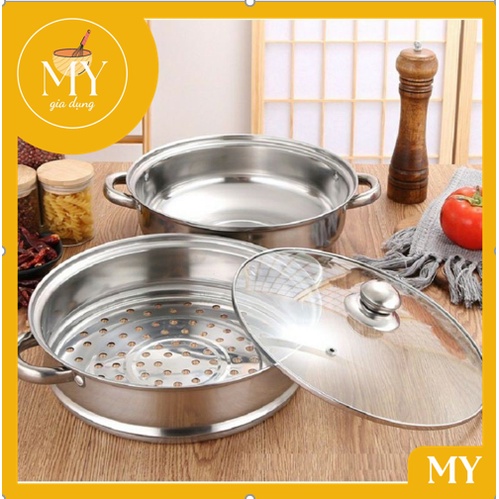 Bộ xửng hấp - nồi hấp 2 tầng  nắp kính inox 28cm cao cấp hấp xôi - hấp bánh bao đa năng -  tiện dụng