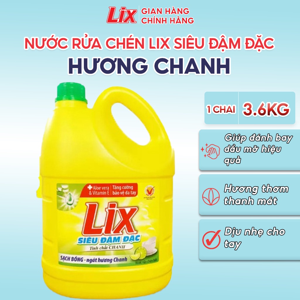 Nước rửa chén LIX siêu đậm đặc hương chanh 3.6kg NC360 làm sạch dầu mỡ không hại da tay - Lixco Việt Nam