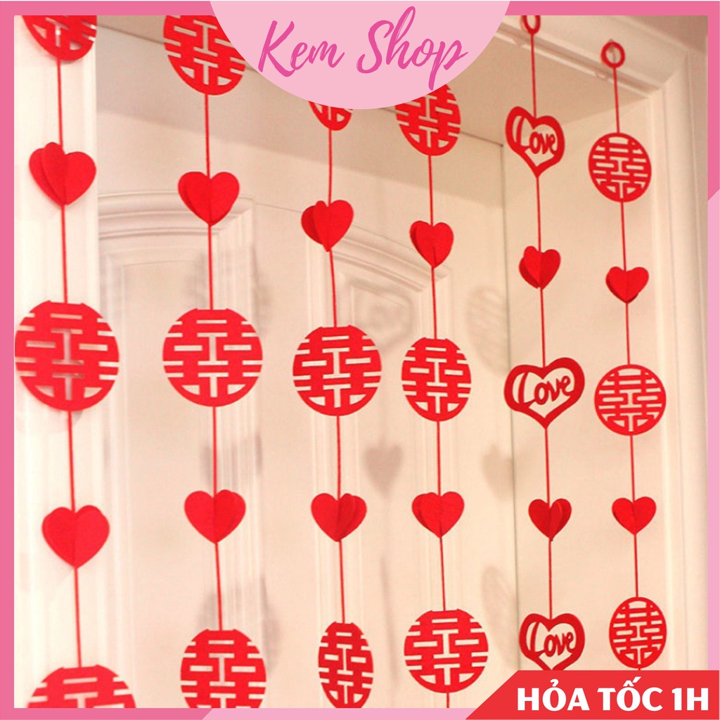 Set 4 dây chữ hỷ kèm trái tim trang trí rèm, cửa sổ phòng cưới - Kem Shop K327