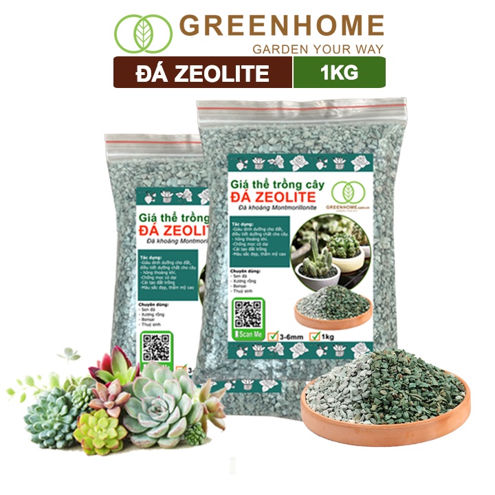 Đá zeolite Greenhome, bao 1kg, size 3-6mm, rãi mặt, giá thể, sen đá, xương rồng, hồ thuỷ sinh