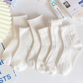 Set 2,5 Đôi Tất vớ màu trắng cổ caochất liệu coton phong cách vintage Loli