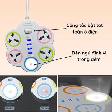(Dây dài 3m) Ổ cắm điện đa năng hình Hoa Mai, ổ điện chống giật ổ cắm điện thông minh 2200w - Ổ cắm điện USB