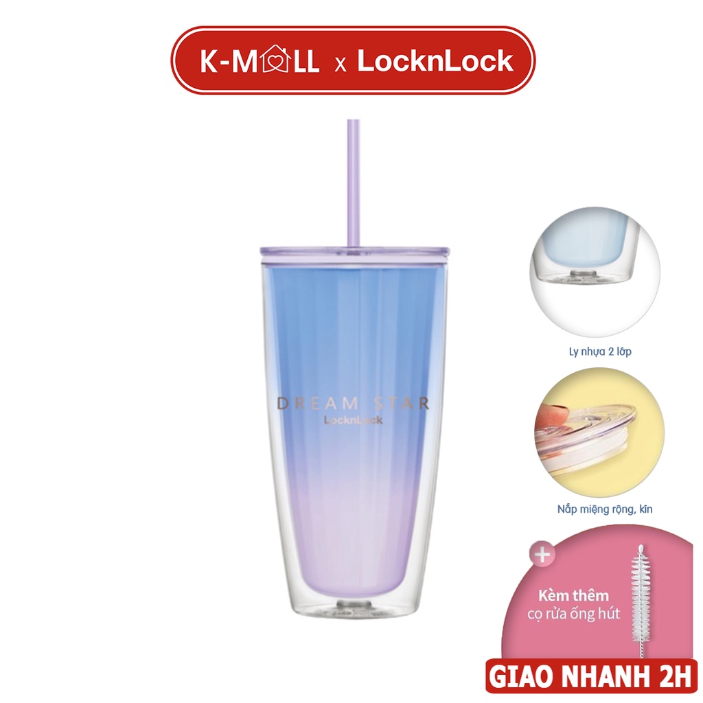 Ly nhựa 2 lớp LocknLock Double Wall Cold Cup 750ml HAP522VOL Màu Tím, Kèm ống hút và cọ rửa - K-MALL
